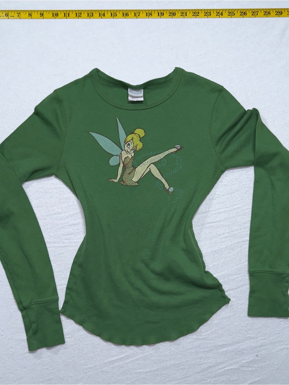 Disney tinker bell vintage Green Crewneck Tinker Bell Graphic Ribbed Thermal Top